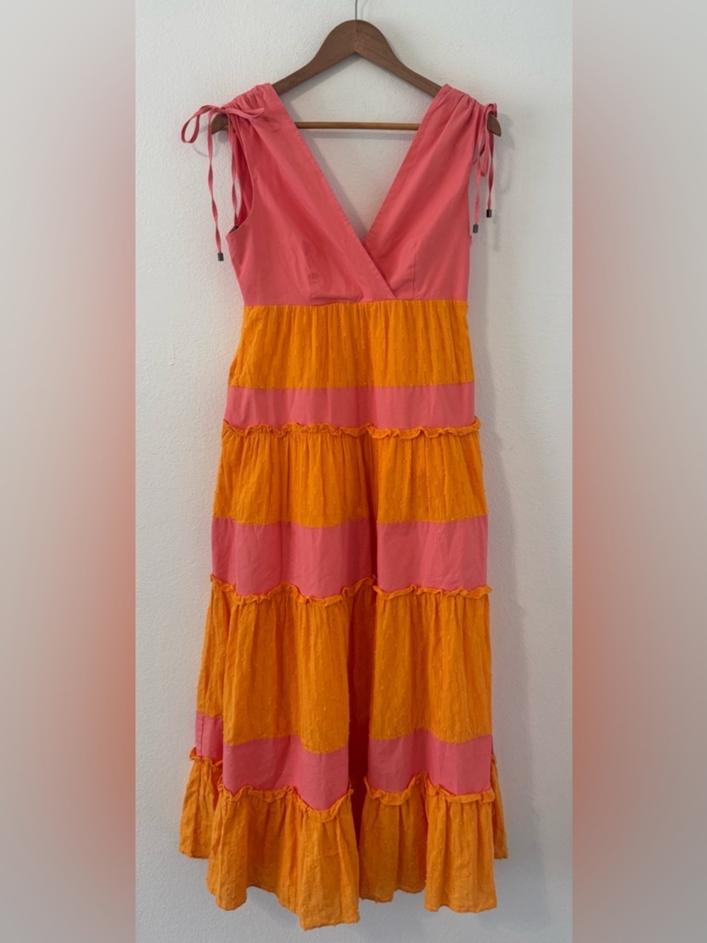 LDT Colorblock Tiered Maxi Dress A Line Coral Flamingo Beachy Vacation Size 0